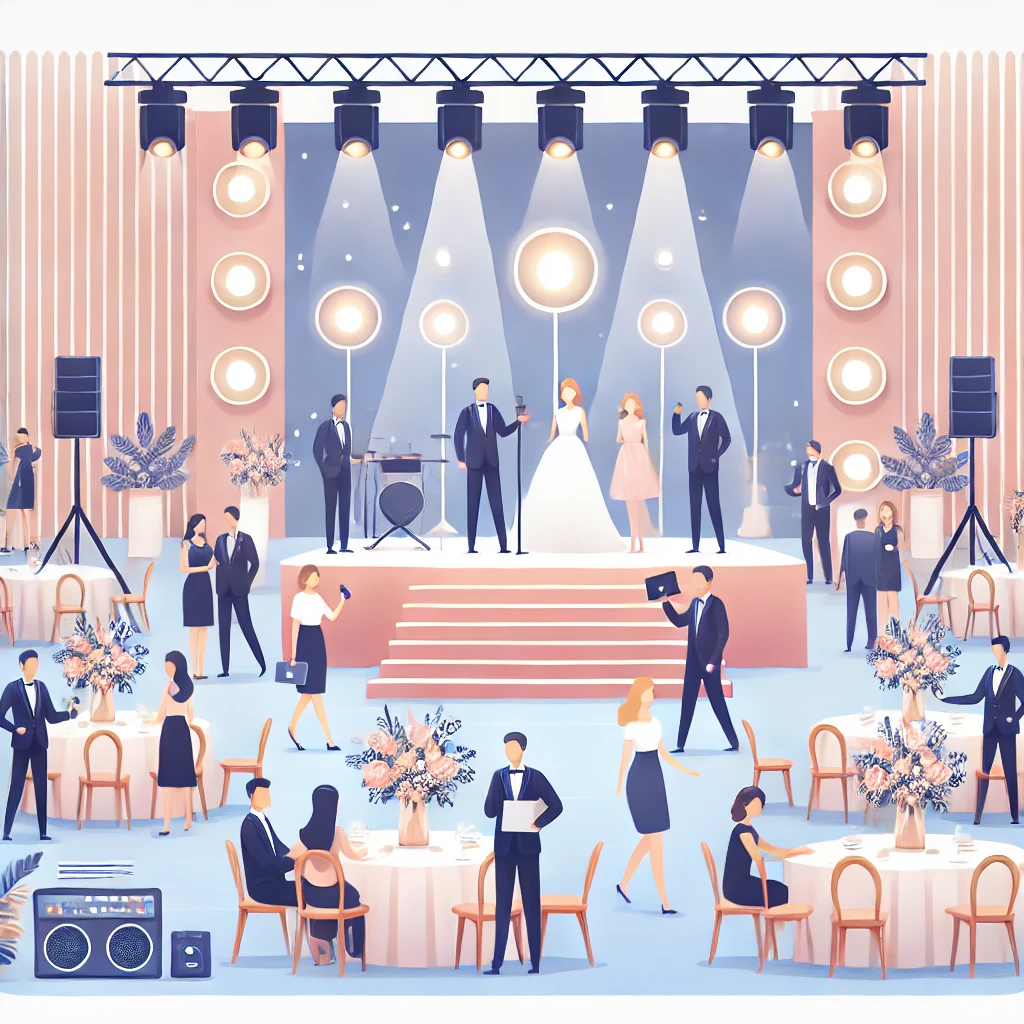 DALL·E 2025-03-24 17.52.11 - Illustration for a professional Event Organizer service by a travel agency. An elegant event setup with a stage, lighting, and formal-dressed people i