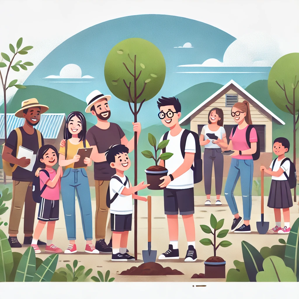 DALL·E 2025-03-24 17.53.55 - Illustration for a Social Trip service by a travel agency. A group of volunteers, including international tourists, are interacting with children in a