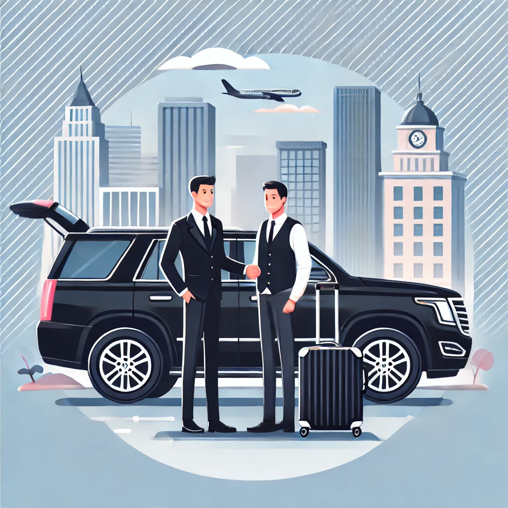 DALL·E 2025-03-24 18.39.28 - Illustration for a premium Car Rental service by a travel agency. A luxury black SUV with a professional driver in uniform assisting a tourist with lu