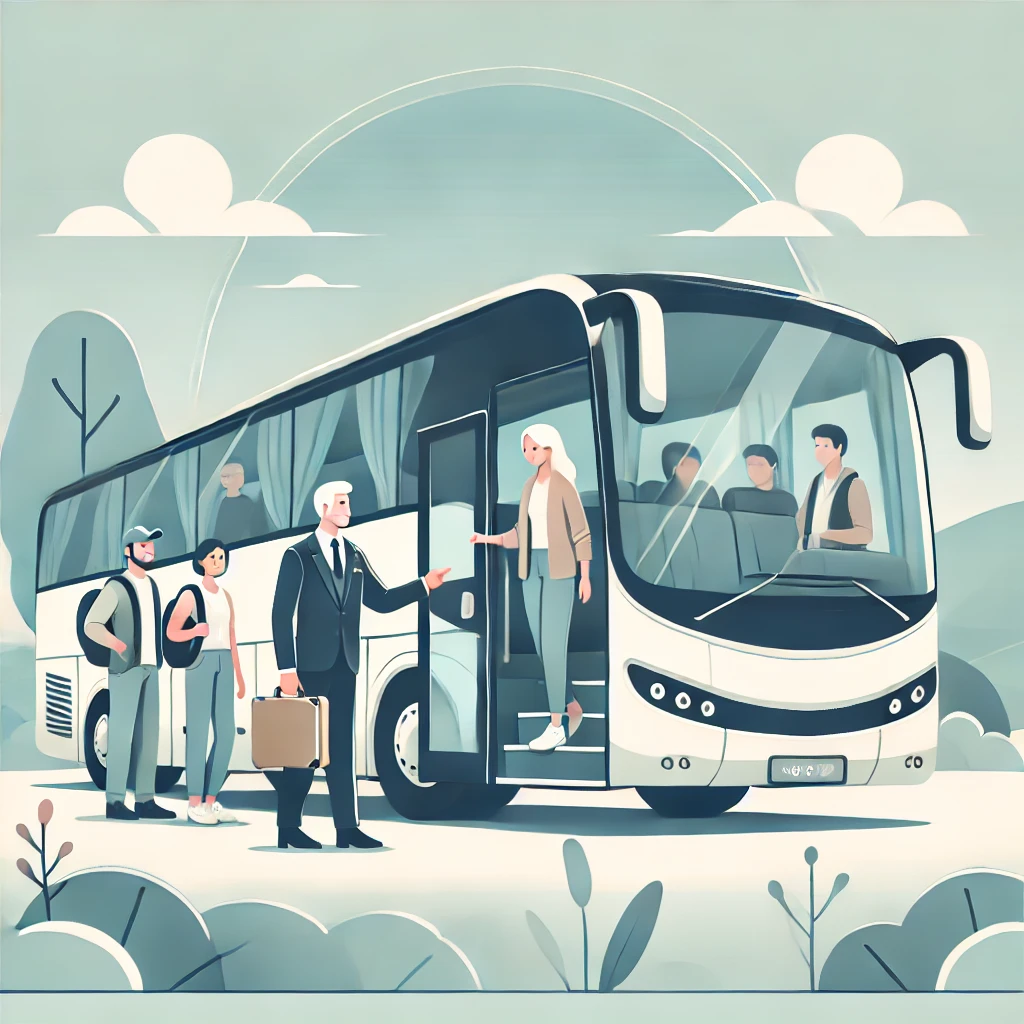 DALL·E 2025-03-24 18.40.10 - Illustration for a premium Bus Rental service by a travel agency. A comfortable, modern tour bus with large windows, parked in a scenic landscape. A g