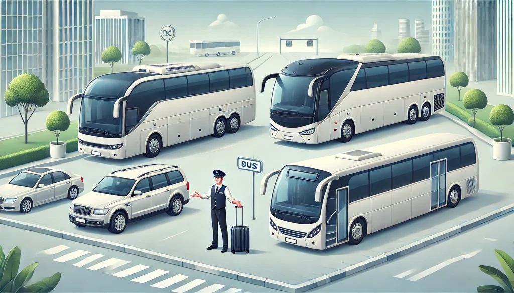 DALL·E 2025-03-24 19.08.17 - High-quality illustration of a professional bus rental service. Four different modern buses_ a luxury coach, a mini bus, a double-decker bus, and a sh