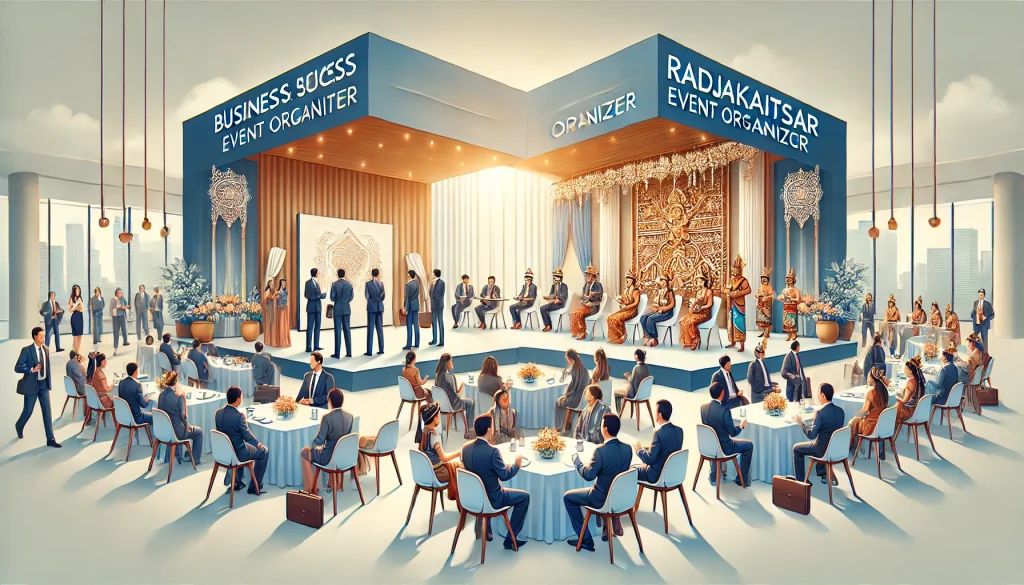 DALL·E 2025-03-24 19.12.51 - High-quality illustration of a professional event organized for both business and social trips. The scene includes a modern conference setup with busi