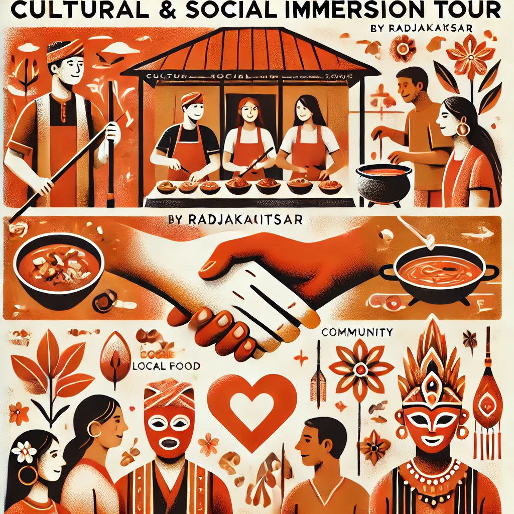 DALL·E 2025-03-27 05.44.48 - A promotional image for Cultural & Social Immersion Tour. The design includes visuals of travelers participating in a traditional dance workshop, cook