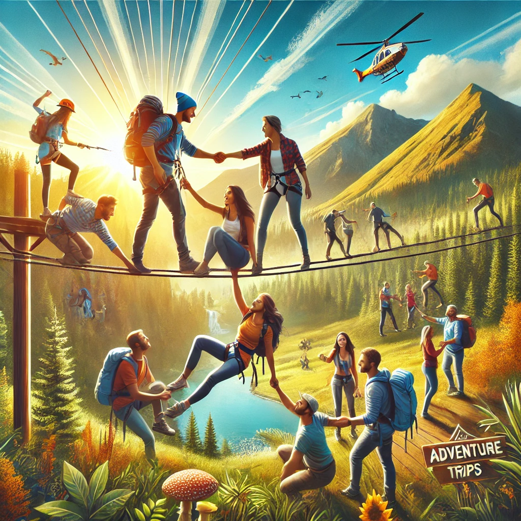 DALL·E 2025-03-27 05.50.58 - A dynamic and energetic promotional image for a travel agency focused on Adventure & Team Building trips. The image should feature a diverse group of