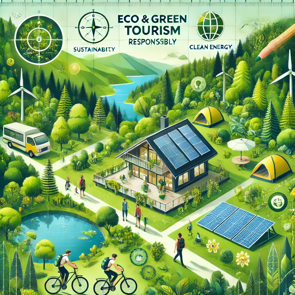 DALL·E 2025-03-27 06.02.54 - A promotional image for Eco & Green Tourism, sized 1080x1080. The image should feature lush green forests, eco-lodges, people enjoying nature responsi