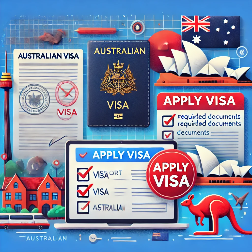 DALL·E 2025-03-27 13.47.12 - An informative and professional illustration representing the Australian Visa Application process. The image shows a passport with an Australian visa