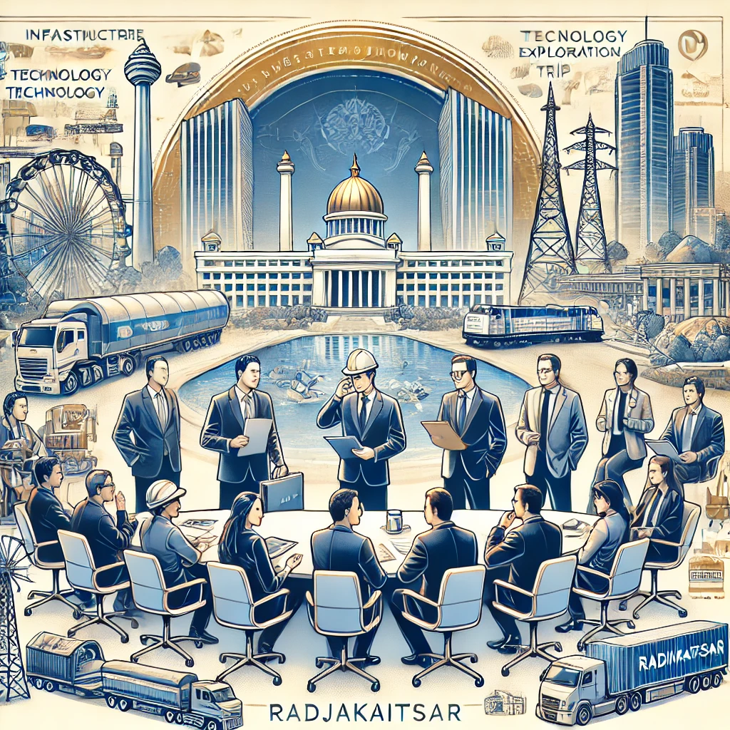 DALL·E 2025-03-28 21.07.32 - An illustration of an Investment Exploration Trip service by Radjakaitsar. The scene features international investors visiting key industries in Indon