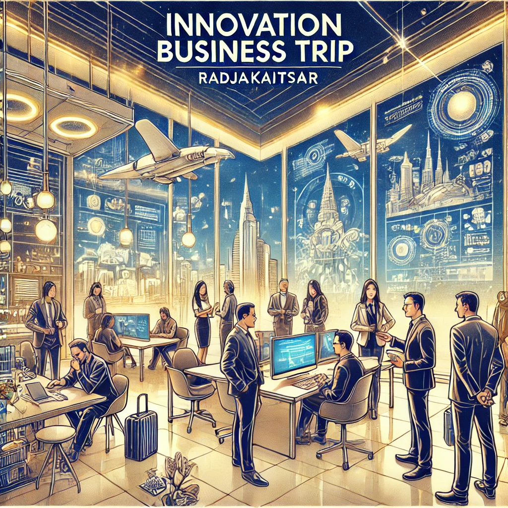 DALL·E 2025-03-28 21.07.40 - An illustration of an Innovation Business Trip service by Radjakaitsar. The scene features international business professionals visiting Indonesia’s i