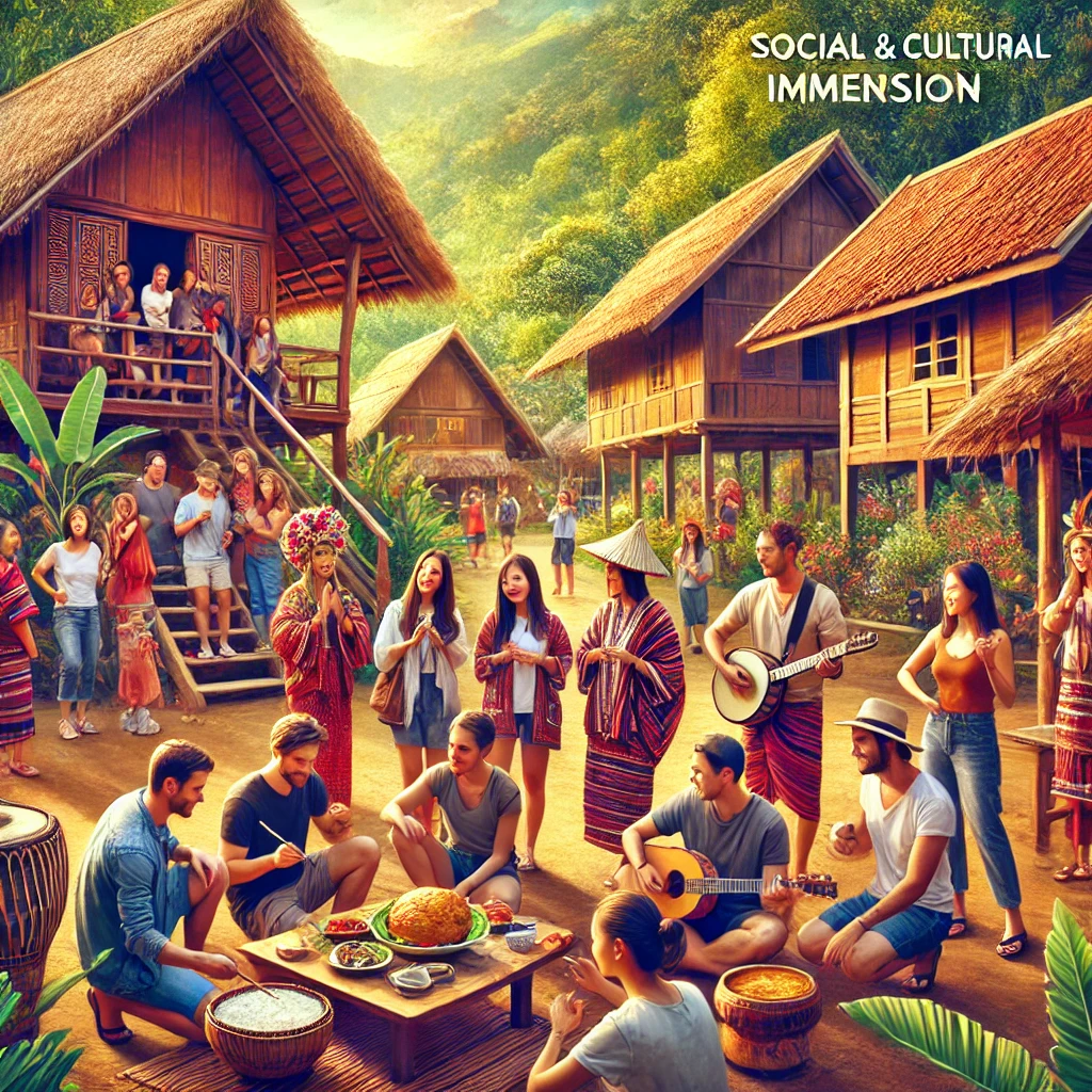 DALL·E 2025-03-28 22.45.32 - A vibrant scene of a Social & Cultural Immersion Trip. A diverse group of travelers is engaging with a local community in a traditional village. Some