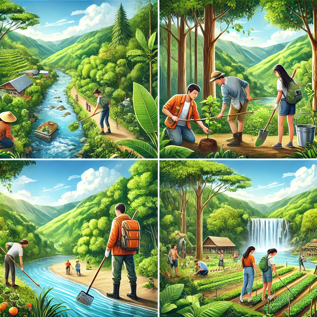 DALL·E 2025-03-28 22.46.59 - A picturesque scene of a Green & Environmental Trip. A group of eco-conscious travelers is participating in environmental conservation activities in a