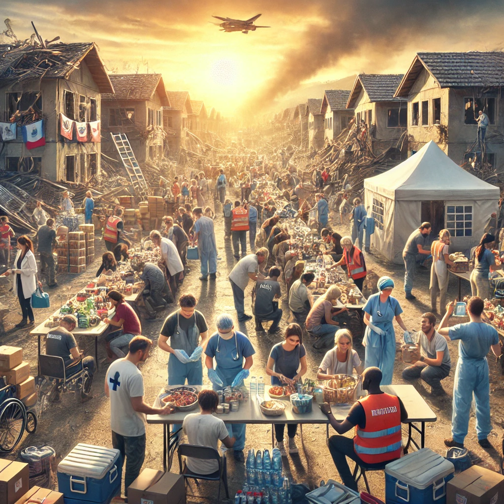 DALL·E 2025-03-28 22.48.36 - A powerful scene of a Disaster Relief & Humanitarian Trip. A group of international humanitarian workers is providing aid in a disaster-affected area