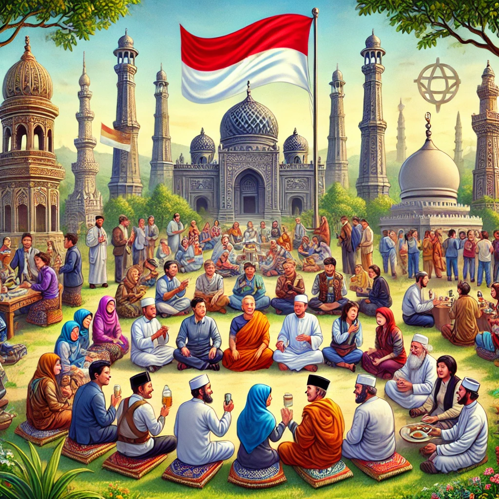 DALL·E 2025-03-28 22.50.22 - A harmonious scene of an Interfaith & Religious Harmony Trip featuring the Indonesian flag. A diverse group of people from different religious backgro